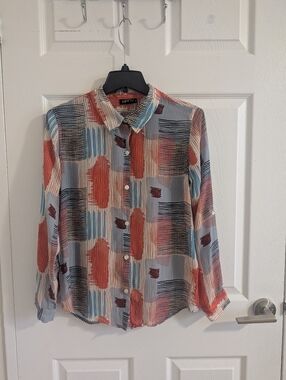 APNY Cupro Viscose Abstract Print Button Down Shirt Boho Artsy Blouse S
